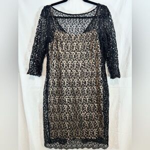 Kay Unger Black‎ and Beige Cocktail Dress Black Lace/Tiny Sequins Size 10